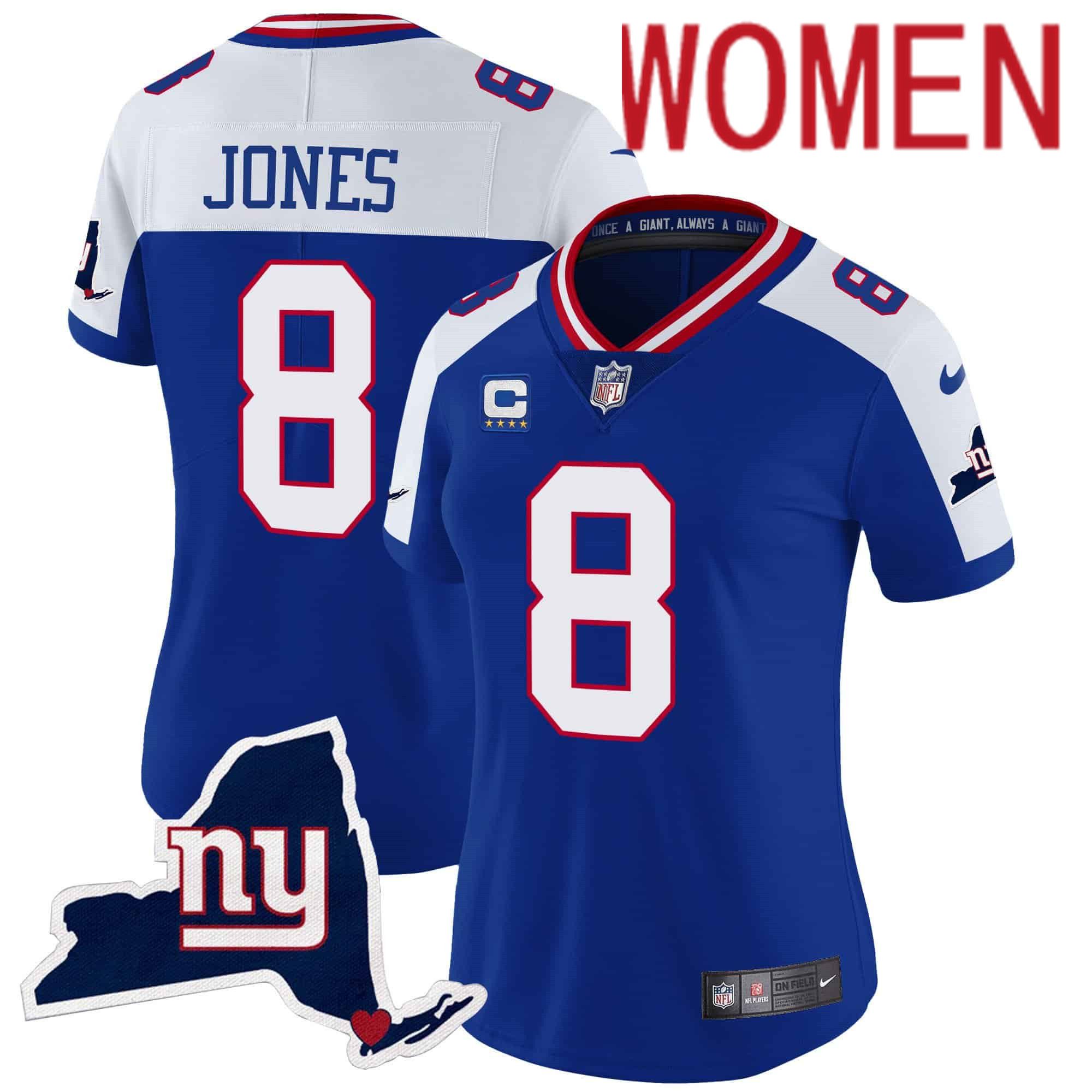 Women New York Giants #8 Jones Blue 2024 Nike Map Patch Limited NFL Jersey